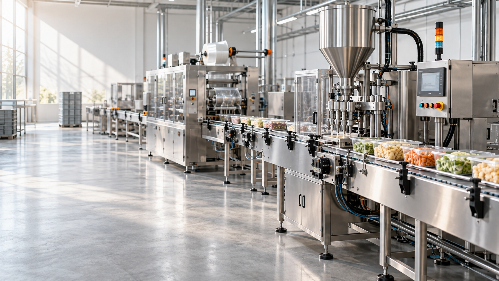 Illustrative stainless-steel food filling and packaging equipment in a production facility
