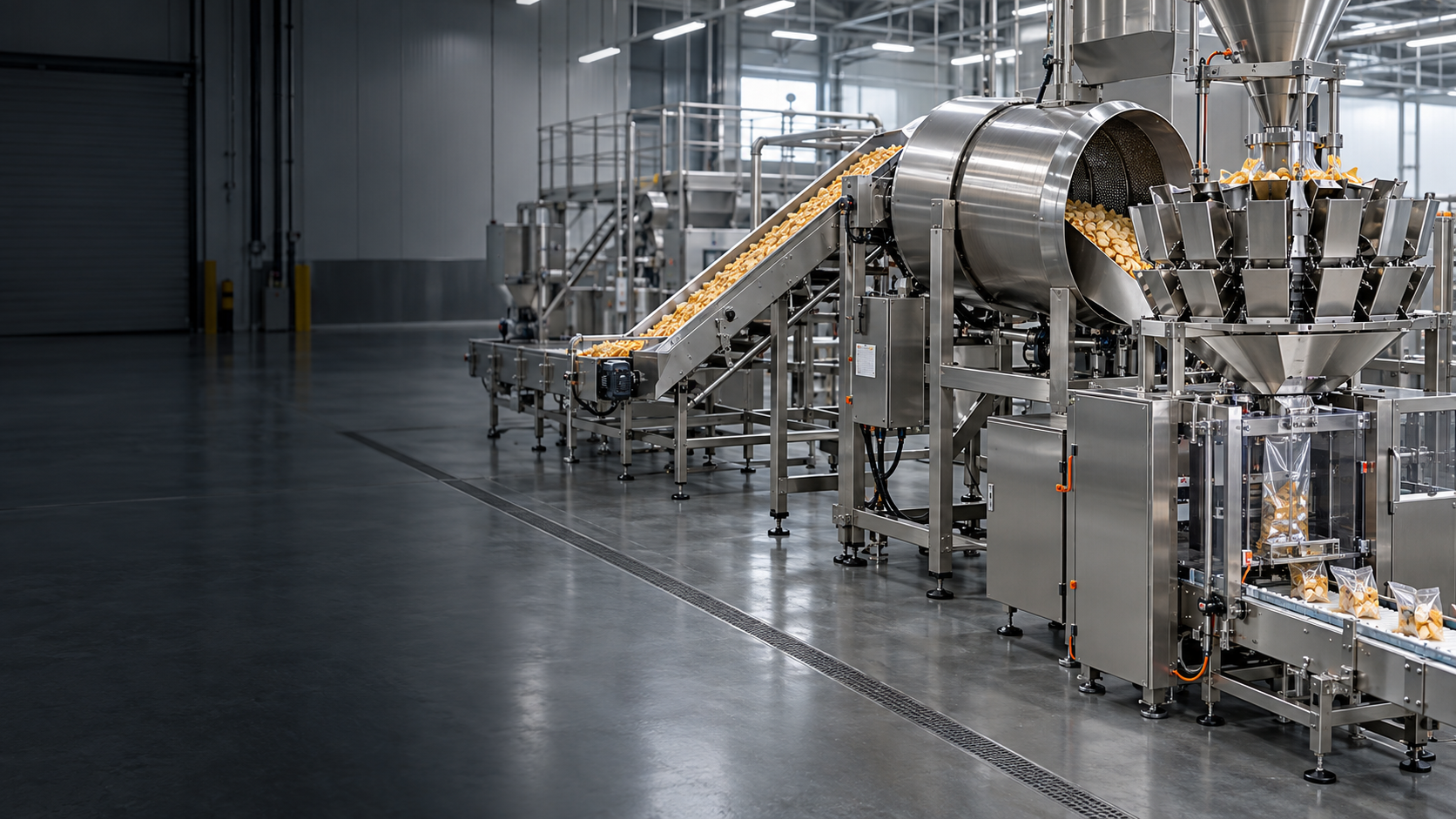 Illustrative snack processing, cooling, weighing and packaging equipment connected as a system
